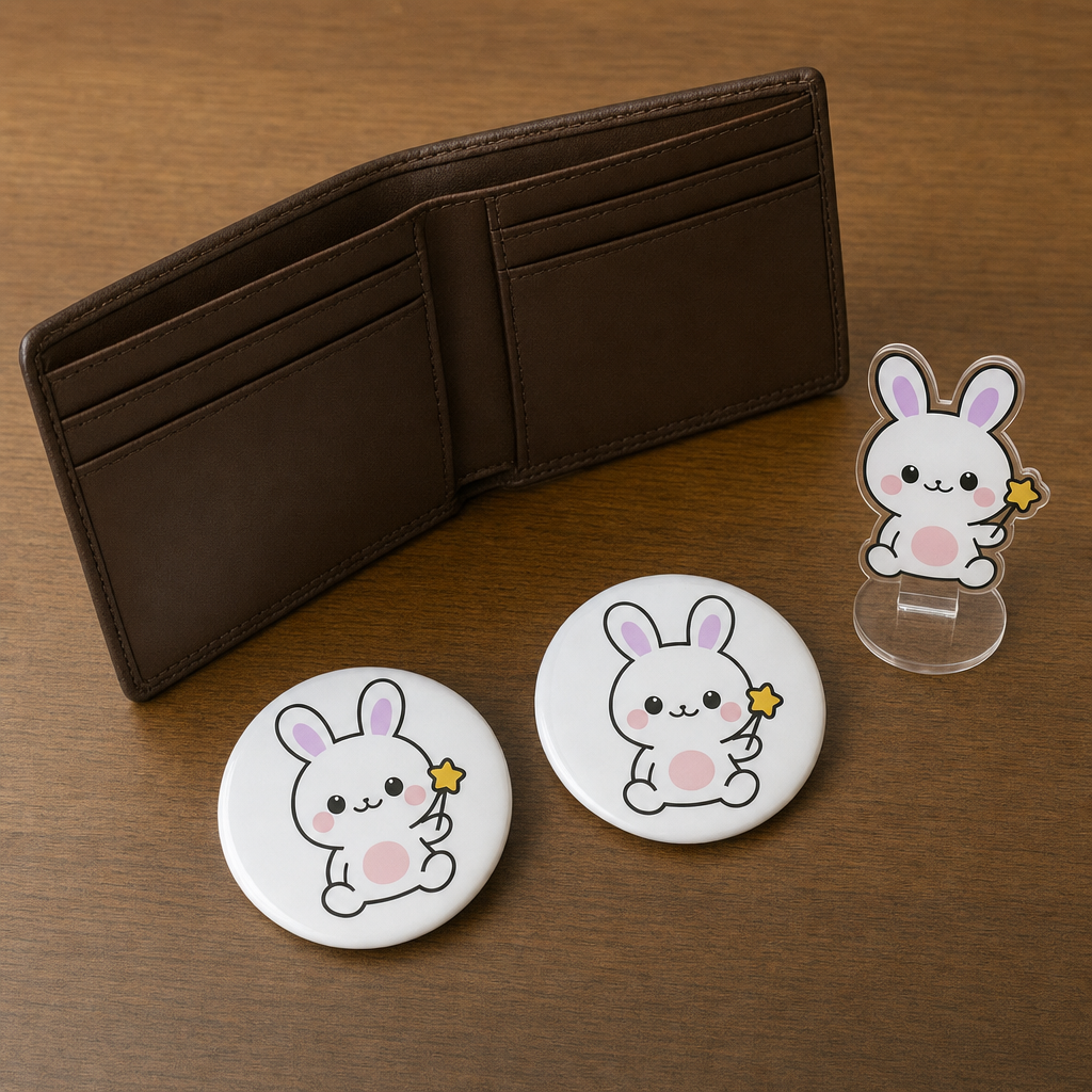 うさぎのマスコットのアクリルスタンドが、開いた財布と缶バッジのそばに置かれている